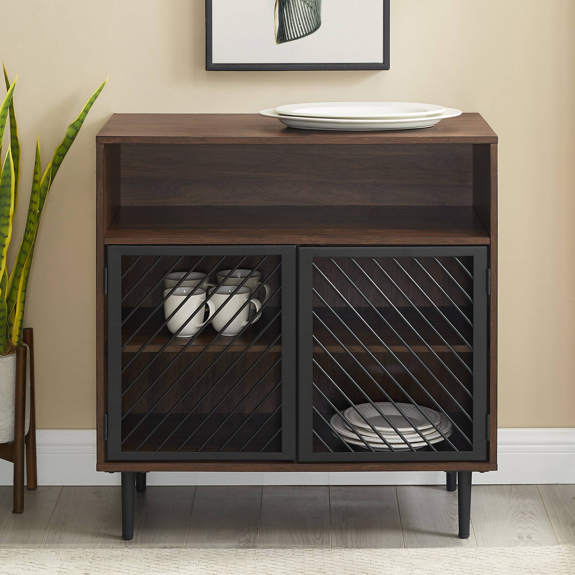 Walker Edison 32" Dark Walnut Modern Slanted Metal Door Accent Cabinet